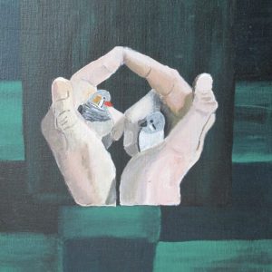 Acrylic on Canvas by Crystals and given to her therapist Image is of hands holding two small birds with green and darker green in the background