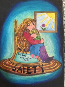 https://colortoheal.com/ 
Drawn by Jen Callow 
Colored by Crystals Image of an adult holding a child on their lap. They are in a rocking chair with a blue/teal background. There's a drawing of a sun and flower on the wall and inside of the rocking chair says "We keep each other safe". It says the word safety in big letters on the carpet