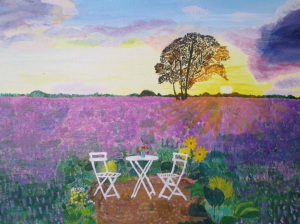 Acrylic on canvas by Crystals-sold to a mental health provider Painting is of a sunset on a lavender field of flowers with large sunflowers, in the center is a table and two chairs. There's a small vase with red flowers on the table.