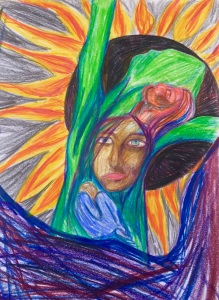 Image of a colored pencil drawing of several people in the space of one body. One is curled up with their head down, another looking straight out with blue, searching eyes, another two are looking up, one has their arms up and there's a fire/sunflower like design outside a dark circle in the background.
