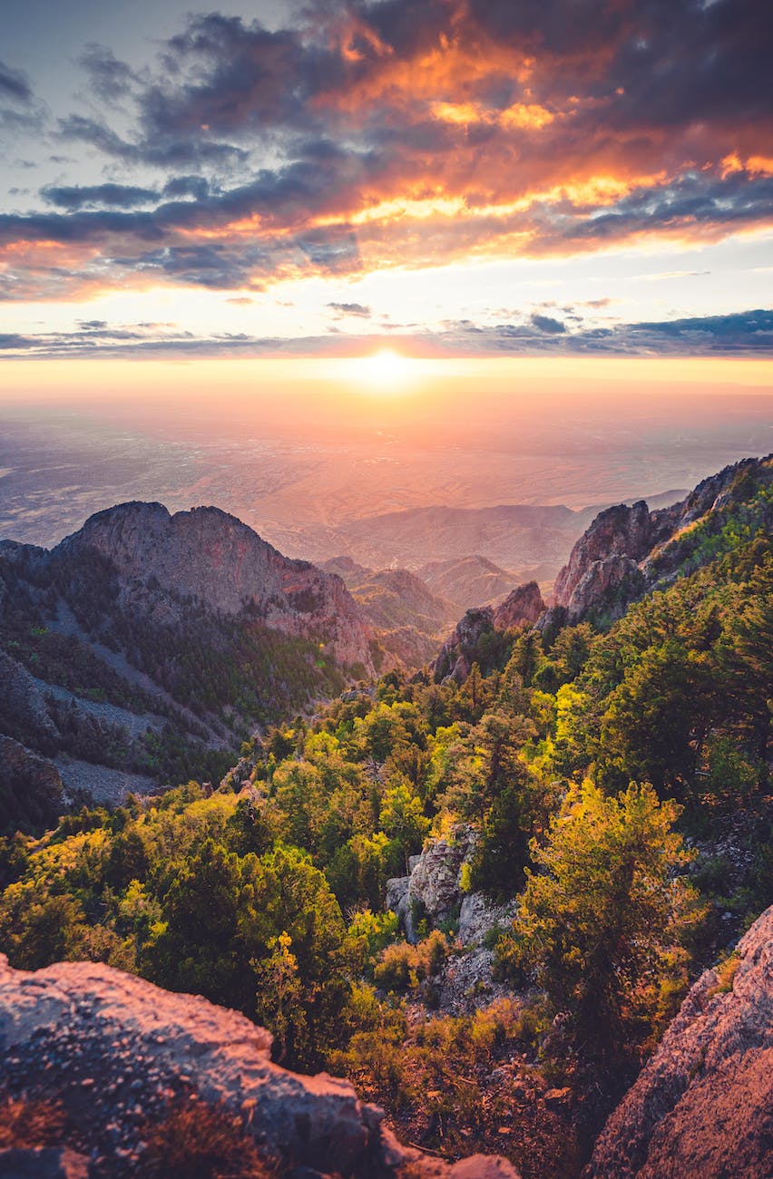 Photograph of a sunrise over mountains. There's lots of orange and blue in the sky with some pink rocks and yellow/green pine trees.