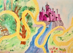 Water Color by Crystals
Image of a yellow brick road laid over a river, a tree, and a meadow. There are flowers and a rocking chair and a pink/purple castle on top of a stone mountain.